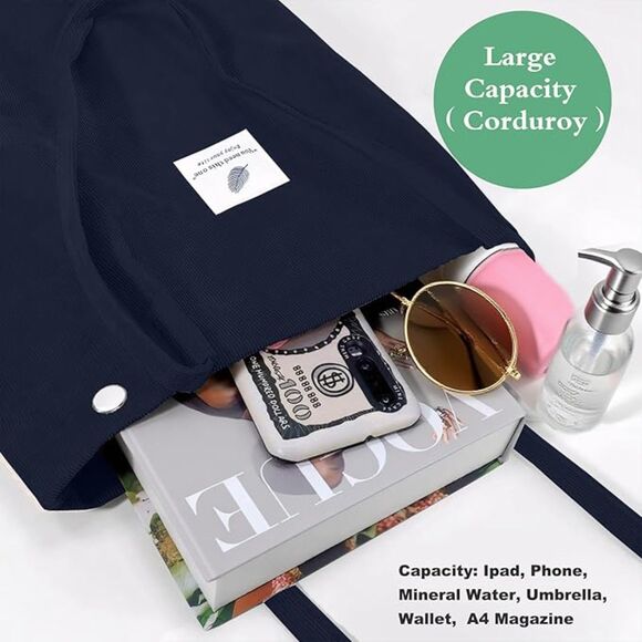 Women Navy Blue Imported Corduroy Small Canvas Shoulder Handy Tote Bag - Picture 2 of 4